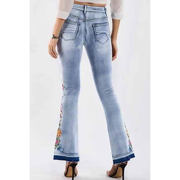 Light Wash Floral Embroidered Patch High Waisted Flare Bell Bottom Denim Jeans - Picture 5 of 8